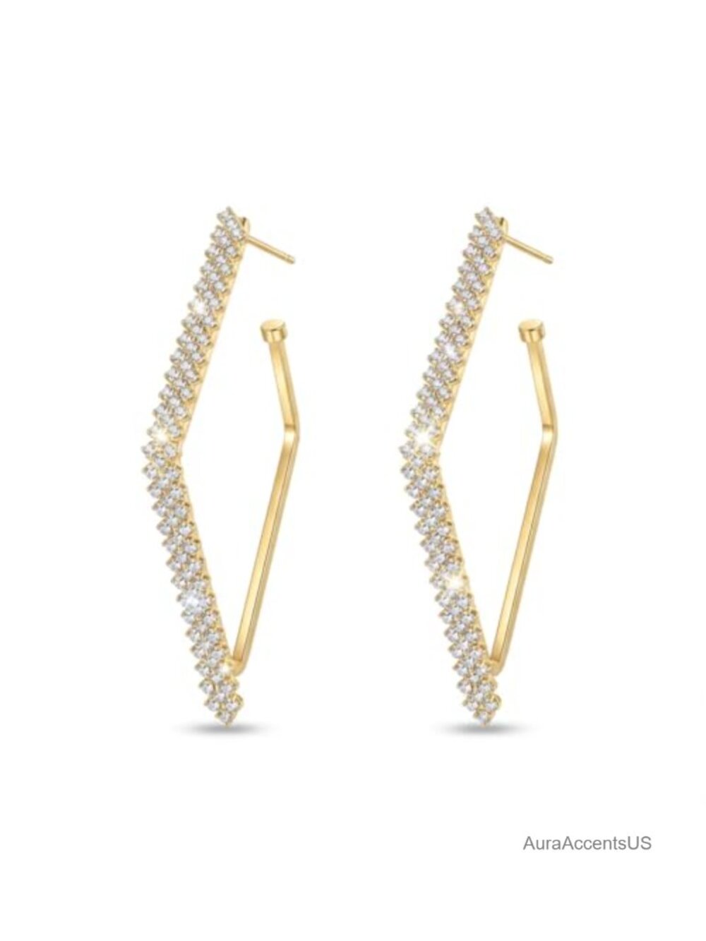 Gold Plated Rhinestone Geometric V-Shape Hoop Earrings for Women